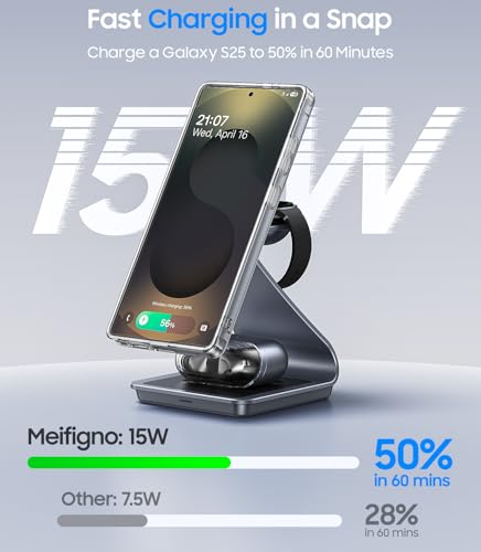 Meifigno Magnetic Wireless Charger for Samsung, 3 in 1 MagSafe Charging Station Aluminum Charger Stand for Galaxy S26/S25/Z Fold7/Z Flip7, Watch Charger Stand for Galaxy Watch Ultra 8 7, for Buds