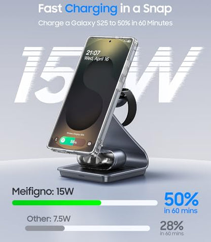 Meifigno Magnetic Wireless Charger for Samsung, 3 in 1 MagSafe Charging Station Aluminum Charger Stand for Galaxy S26/S25/Z Fold7/Z Flip7, Watch Charger Stand for Galaxy Watch Ultra 8 7, for Buds