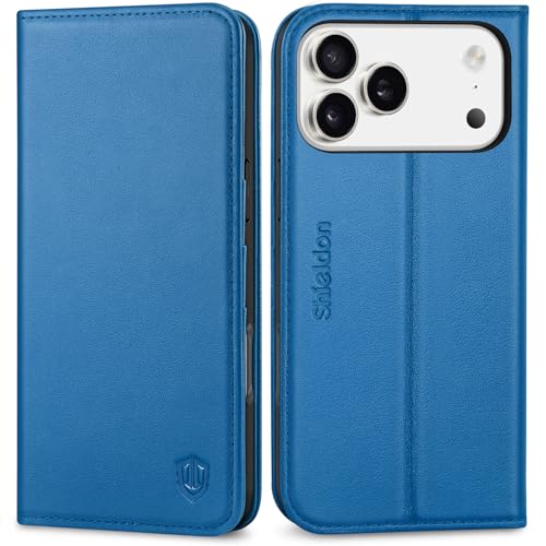 SHIELDON Genuine Leather Wallet Case for iPhone 17 Pro Max, Sapphire Blue | Magnetic Closure, RFID Blocking, Credit Card Holder, Kickstand, Folio Design, Shockproof Phone Cover for Men Women - color: Sapphire Blue