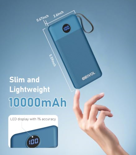 Portable Charger Built in 4 Cables, 10000mAh Power Bank, Black&Blue