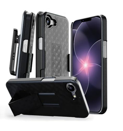 MOTIVE for iPhone 17e Case with Belt Clip, Rigid, Kickstand | 6.1" | Ranger v1 Series, Black, 360° holster, open-top/open-bottom port access, textured grip, slim - size: iPhone 17e
