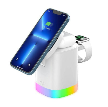 Wireless Charger 3 in 1 Wireless Charging Station QC3.0 15W Cube Charger Smart Watch Earbuds for iPhone Mobile Phone (White)