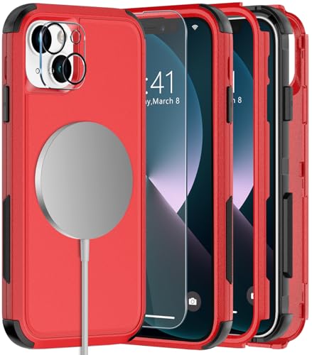 Diverbox for iPhone 13 Phone Case,iPhone 13 Magnetic Case [with Screen Protector & Camera Lens Protector ] Heavy Duty Phone Case for iPhone 13 (Magnetic Red) - color: Magnetic Red