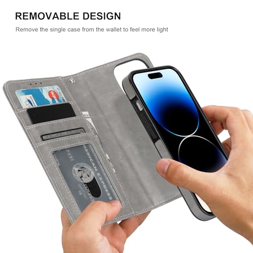 Bocasal Detachable Wallet Case Card Holder for iPhone 14 Pro, Grey | RFID Blocking Kickstand Card Slots Holder PU Leather Magnetic Shockproof Wrist Strap Removable Flip Protective Cover 6.1 inch - color: Gray