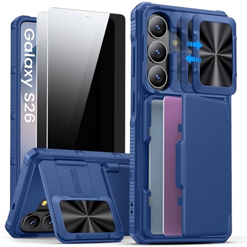 SSLOTSCASE for Samsung Galaxy S26 Case with 2X Privacy Screen Protector, Card Holder & Kickstand & Sliding Camera Cover & Soft Silicone Edge Shockproof, Rugged Hard Case for Samsung S26 6.3", Blue - color: Blue-PSP, size: S26