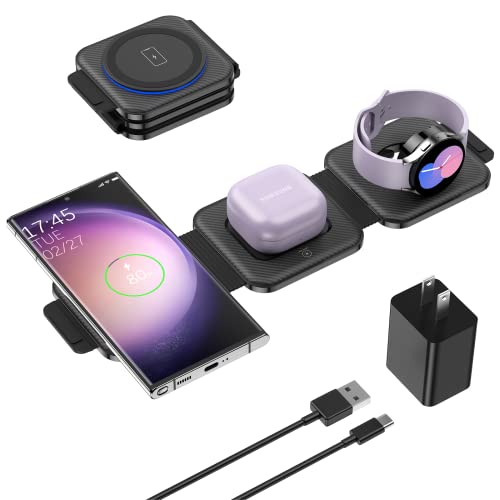 Travel Charger for Samsung Multi Devices, Foldable 3 in 1 Wireless Charging Station Fast Charging Stand/Pad Compatible for Samsung Galaxy S26/S25/S24/S23/Note20 Galaxy Watch8/7/6/Galaxy Buds4(Black - color: Black