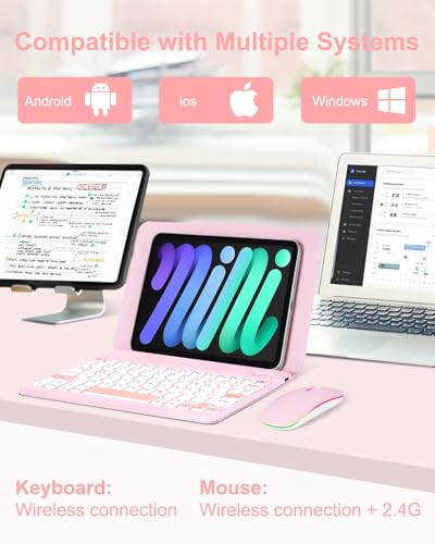 EAMPANG Universal Bluetooth Keyboard and Case for Tablet/Phone/Laptop | Wireless Portable Slim Keypad and Mice Rechargeable with Adjustable Bracket for iPad A16/Mini/Air/iPhone/Galaxy Z Fold Pink - color: Pink
