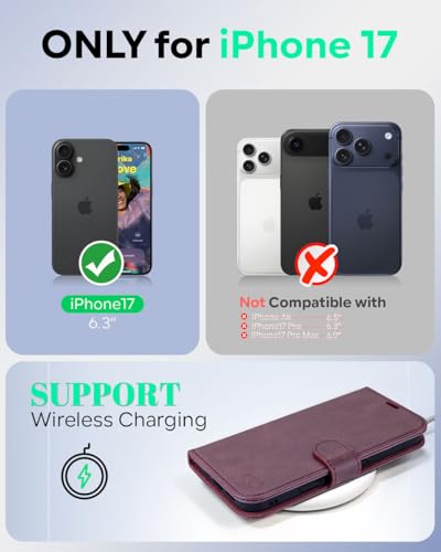 OCASE for iPhone 17 Wallet Case, Card Holder, Mulberry | RFID Blocking, Kickstand, Magnetic Closure, PU Leather Flip Folio, Shockproof TPU Shell, Protective Phone Cover (6.3") 2025 - color: Mulberry