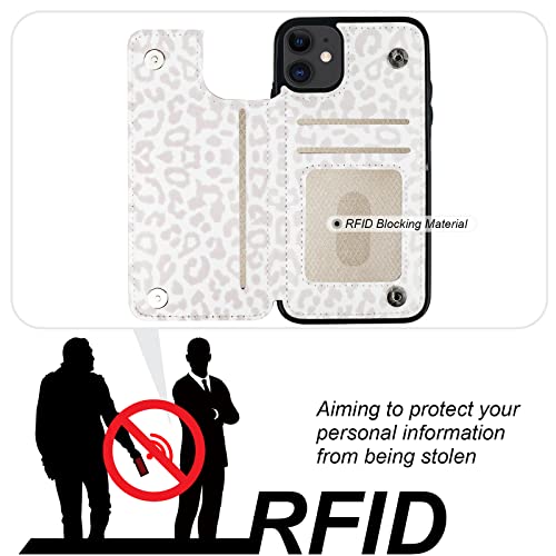 HAOPINSH for iPhone 11 Wallet Case with Card Holder, White Leopard Cheetah Pattern Back Flip Folio PU Leather Kickstand Card Slots Case for Women Girls, Double Magnetic Clasp Shockproof Cover 6.1" - color: White Leopard