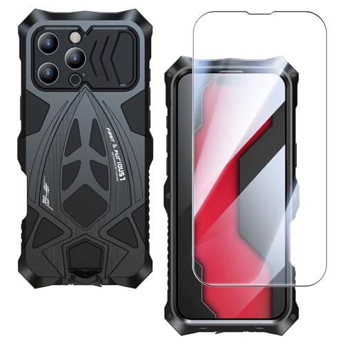 Armor Phone Case for iPhone 16 Pro Max Military Grade Cover 360 Full Protection Heavy Duty Hybrid Metal Bumper Built-in Silicone Shockproof with Screen Protector - Black | Armor Heavy Duty, Full Body Cover, Aluminium Bumper, Built-in Silicone Shockproof D