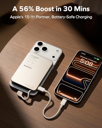 MOMAX 0.3" Slim Portable Charger with Built in Cable USB C Battery Pack (No Wireless) 5000mAh, PD 20W Fast Charging Power Bank for iPhone 17/16/15, Samsung Galaxy, Google Pixel, Android, iPad, AirPods - size: 5000mAh