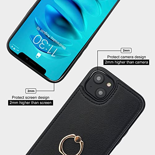 Folosu Compatible with iPhone 14 Case Wallet with Card Holder, 360°Rotation Finger Ring Holder Kickstand, RFID Blocking Leather Protective Double Buttons Shockproof Cover 6.1 Inch Black - color: Black, size: iPhone 14