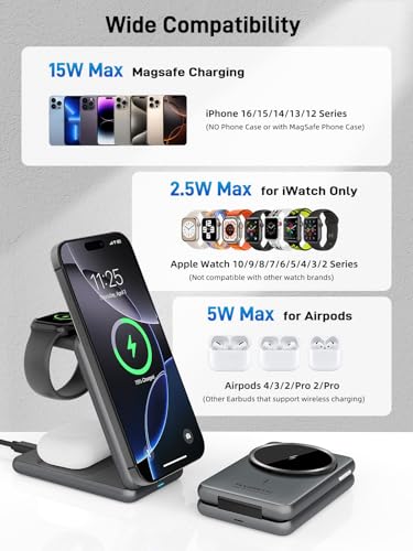 Wireless Charger for Apple, 3 in 1 MagSafe Charger Foldable Magnetic Charger for iPhone 17/16/15/14 Series, Airpods Pro 2, iWatch Series 10/9/8/7, Travel Charging Station for Apple Multiple Devices