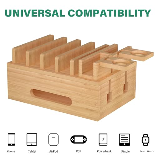 Bamboo Charging Station for Multiple Devices, Desktop Organizer Docking Station, Natural Bamboo Desk Storage Stand for Phone, Tablet, Earbuds, Smart Watch (Power Adapter Not Included)