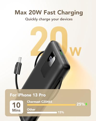 charmast 20000mAh Portable Charger with Built-in Cables and AC Wall Plug - color: black