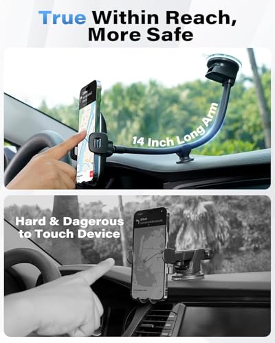 1Zero Solid Car Truck Phone Mount Holder with 14-Inch Gooseneck Long Arm - color: Black Mirror Surface with Silver Ring