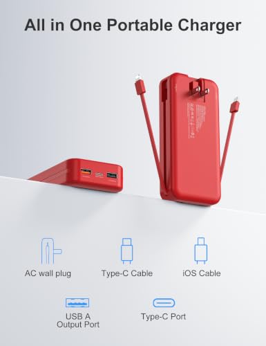 Portable Charger Power Bank 20000mAh with Built in Cables & Wall Plug - color: Red