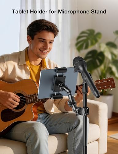 PLDHPRO Tablet Holder for Mic Stand,iPad Clamp Mount with Long Arm,360°Rotating Adjustable Tablet Mount for Microphone Stand,Fits 5.5"-14.6" iPad Pro 12.9, Galaxy,iPhone - size: 7.8 in Arm