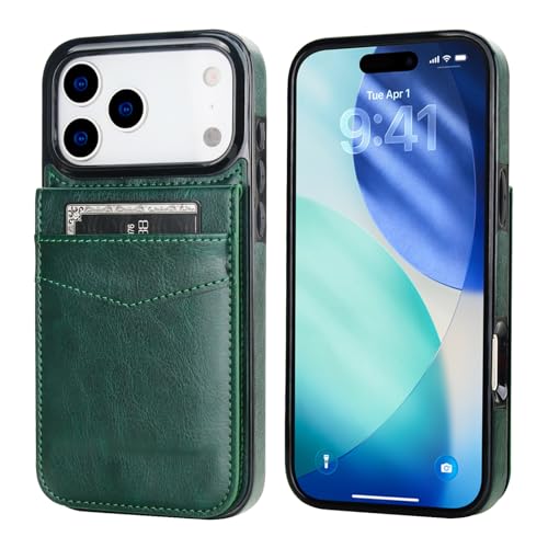 KIHUWEY for iPhone 17 Pro Max Wallet Case Card Holder Kickstand, Dark Green | Credit Card Slots, PU Leather, Magnetic Clasp, Flip Heavy Duty Protection Cover for Men - color: Dark Green