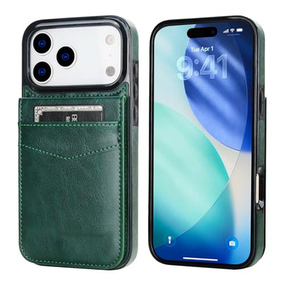 KIHUWEY for iPhone 17 Pro Max Wallet Case Card Holder Kickstand, Dark Green | Credit Card Slots, PU Leather, Magnetic Clasp, Flip Heavy Duty Protection Cover for Men - color: Dark Green