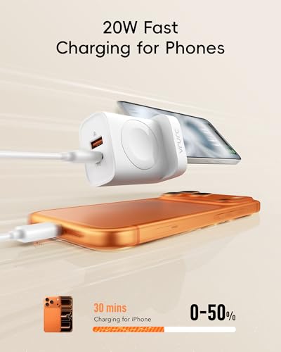 VRURC Fast Charger for Apple Watch, Built-in Wireless Magnetic Charging Station for iWatch SE/11/10/9/8/7/6/5/4, PD 20W USB C Charging Block, Foldable Wall Charger for iPhone 17/16/15/14/13-White - color: White