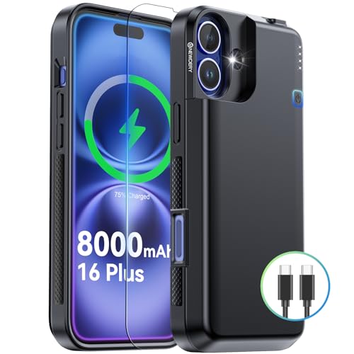 NEWDERY Battery Case for iPhone 16 Plus USB C Portable Charger Case 8000mAh | Portable Protective Power Bank CarPlay, Sync-Data Supported, Rechargeable Charger Case,6.7", Black - size: iPhone 16 Plus-8000mAh