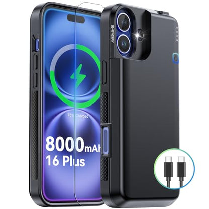 NEWDERY Battery Case for iPhone 16 Plus USB C Portable Charger Case 8000mAh | Portable Protective Power Bank CarPlay, Sync-Data Supported, Rechargeable Charger Case,6.7", Black - size: iPhone 16 Plus-8000mAh