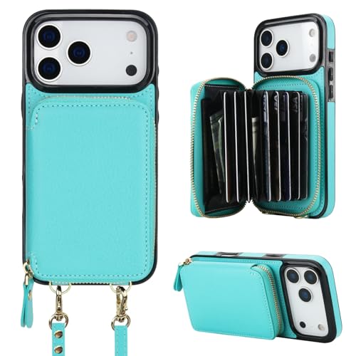 Bocasal Multi-Slot Crossbody Wallet Case for iPhone 17 Pro Max, Mint Green | RFID Blocking PU Leather Purse Case with Card Holder, Handbag Flip Cover with Zipper Wrist Strap Lanyard for Women 6.9 Inch - color: Green