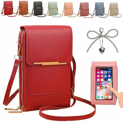 Anti-theft leather bag, Women's Touch Screen Mobile Phone Messenger bag, RFID Block Mobile Phone Purse - color: Red