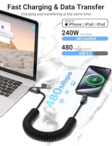 BELAROI 240W MFi Certified 2m 4-in-1 Retractable Coiled Charging Cable
