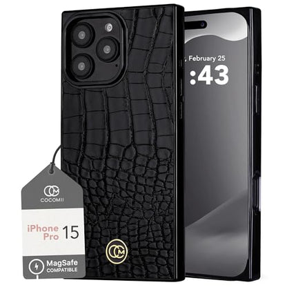 COCOMII Rectangle for iPhone 15 Pro Case, Black Crocodile Leather | Compatible with MagSafe Wireless Charging, Shockproof 10ft Drop Protection, Camera & Screen Protection, Premium Glossy Finish - color: Black Crocodile Leather, size: iPhone 15 Pro (6.1")