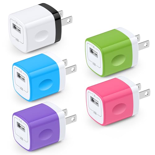 Charging Block,Charger Box,5Pack Travel Single Port USB Wall Charger Brick Cubes for iPhone 17/16/15/14/13/12/X/8 Plus/7/6S/Samsung Galaxy S25 S24 S23 S22 A14 S10e S10 S9 S8/S7/S6/Note 9,LG G8 G7,Moto - color: White,Rosered,Green,Purple,Blue