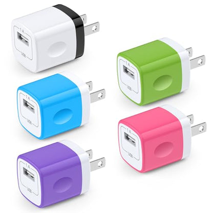 Charging Block,Charger Box,5Pack Travel Single Port USB Wall Charger Brick Cubes for iPhone 17/16/15/14/13/12/X/8 Plus/7/6S/Samsung Galaxy S25 S24 S23 S22 A14 S10e S10 S9 S8/S7/S6/Note 9,LG G8 G7,Moto - color: White,Rosered,Green,Purple,Blue