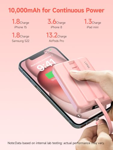 LVFAN for Magnetic Power Bank 10000mAh, Fast Charging Wireless Magnetic Portable Charger with Built-in USB C in&Out Cable, Travel LED Display Battery Pack for iPhone 17 16 15 14 13 12