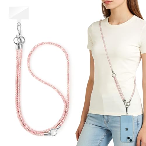 WOZEAH Crystal Cell Phone Lanyard Crossbody Strap for Women, Beaded Phone Strap for Cellphone Case with Tether Tab - color: Pink Crystal