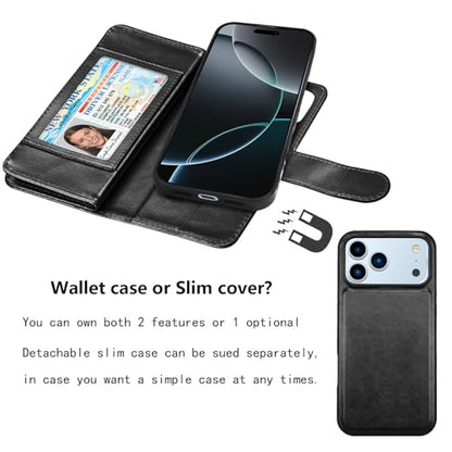 NJJEX Compatible with iPhone 17 Pro Wallet Case, 9 Card Slots, Black | PU leather folio flip, detachable magnetic phone cover, integrated kickstand, included lanyard - color: Black, size: iPhone 17 Pro