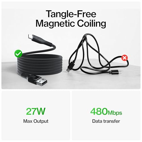 Statik MagStack USB A to USB C Coiling Magnetic Charging Cable, 27W - color: Black, size: 6ft, style: USB-A to USB-C