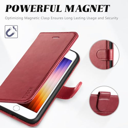 TUCCH Wallet Case for iPhone SE 2022/SE 2020/iPhone 8/7 (4.7"), Dark Red | 3 Card Holders, Kickstand, PU Leather, Shockproof TPU Shell, Magnetic Closure, Protective Folio Cover - color: Dark Red