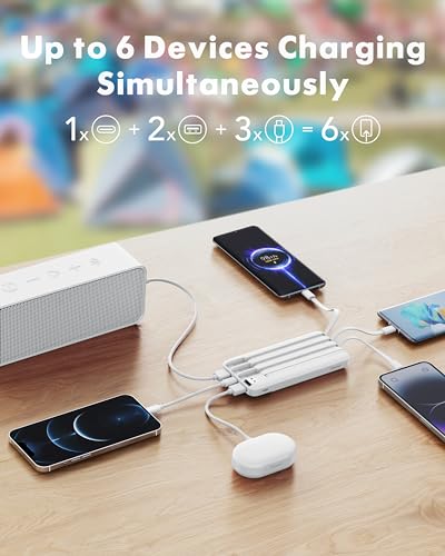 charmast Portable Charger Built-in Cables, 20000mAh Power Bank 6-Output | Travel Fast Charging Battery Pack for iPhone 17/16/15 Samsung Android, Flight-Approved, Multi-Device, USB-C & USB-A, LED % - color: White