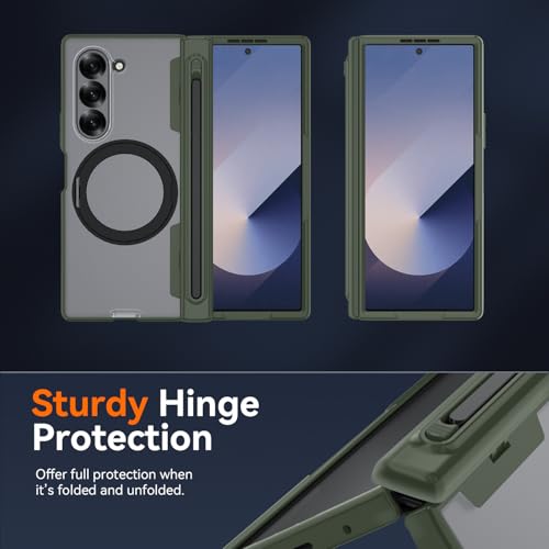 Upgraded 360° Spin Magnetic Invisible Ring Stand for Samsung Galaxy Z Fold 6 Case,[Compatible with MagSafe][S Pen Holder][Hinge Protection][Screen Protector],Shockproof Full Body Phone Cover (Green) - color: Green