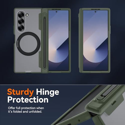 Upgraded 360° Spin Magnetic Invisible Ring Stand for Samsung Galaxy Z Fold 6 Case,[Compatible with MagSafe][S Pen Holder][Hinge Protection][Screen Protector],Shockproof Full Body Phone Cover (Green) - color: Green
