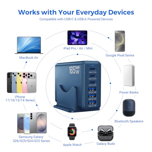 165W GaN Charging Station, 6-Port Desk Charging Station, Navy Blue - color: Navy Blue