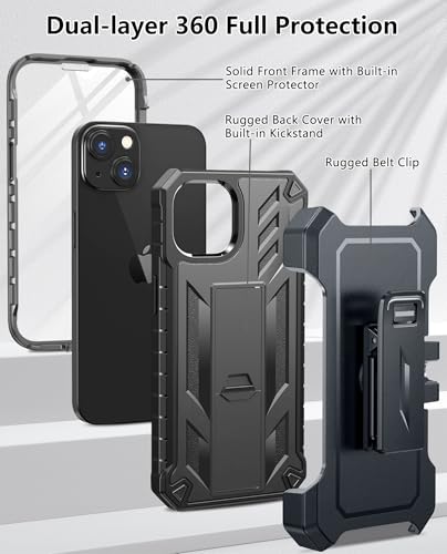 SOiOS for iPhone 13/14/15 Phone Case with Built-in Screen Protector | with Kickstand, 20FT Military-Grade Drop Shockproof Protection, Durable Matte Textured, Rugged Heavy Duty iPhone 16e Cover - color: Black-Belt