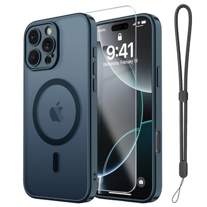 Magnetic Case for iPhone 16 Pro Case with Screen Protector+Wrist Strap | Compatible with MagSafe,Full Camera Protection,Slim Translucent Matte Phone Cover,Navy Blue - color: Navy Blue