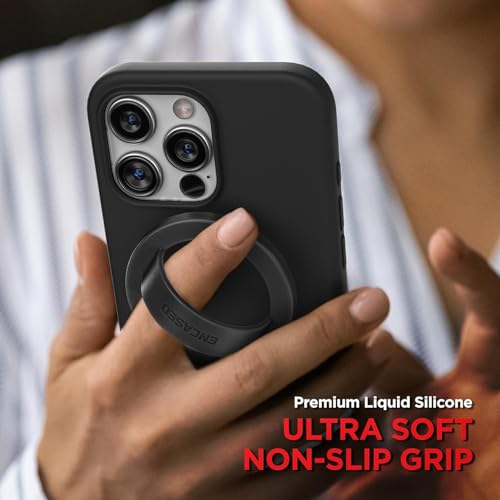 Encased Magnetic Phone Grip Holder Thin Silicone Finger Loop Ring, Compatible with Magsafe (Black) - color: Black