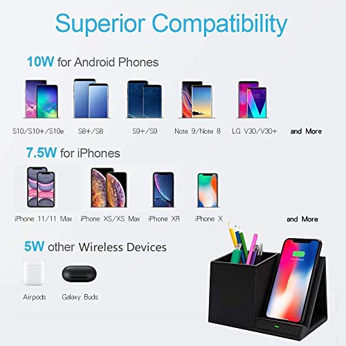 COSOOS Fast Wireless Charger with Desk Organizer, Desk Phone Charger Compatible with 15/15 Pro/15 Pro Max/14/13/12/11/XS/8 Plus, Galaxy S21/S20+/S10/Note 10/Note 9/(No AC Adapter) - color: Black