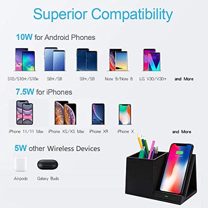 COSOOS Fast Wireless Charger with Desk Organizer, Desk Phone Charger Compatible with 15/15 Pro/15 Pro Max/14/13/12/11/XS/8 Plus, Galaxy S21/S20+/S10/Note 10/Note 9/(No AC Adapter) - color: Black