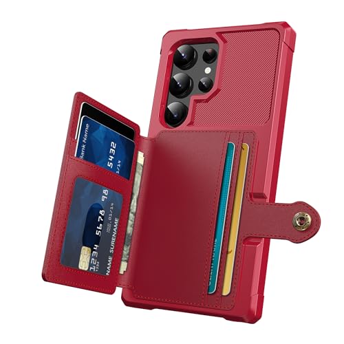 for Samsung Galaxy S24 Ultra Case with Card Holder, Compatible with Magnetic Car Mount, Heavy Duty Shockproof Rugged Soft TPU Back Leather Flip Wallet Cover 6.8 inch, Red | Compatible with Magnetic Car Mount, Shockproof Rugged Soft TPU Hard Back Leather W