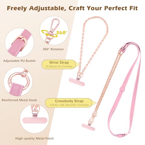 MoKo Universal Phone Crossbody Lanyard Phone Chain, Anti-Theft Adjustable Cellphone Cross Body Neck Strap & iPhone Wrist Strap with 2×Metal Tether Tabs for iPhone 17, Most Smartphones, Pink&Rose Gold - color: Pink&rose Gold