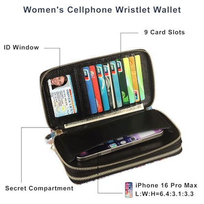 RFID Blocking Cellphone Wallet for Women with Removable Strap, Double Zipper Wristlet Bag Large Capacity, Ladies Travel Clutch Purse, Artistic Flower - color: Orange Artistic Flower